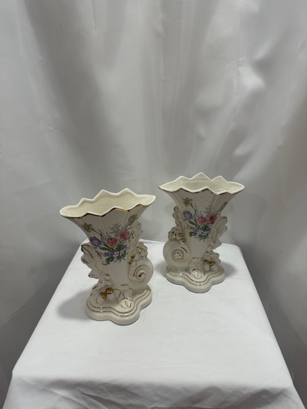 Floral Porcelain Decorative Vases - Cream with Pastel Flowers